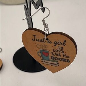 3.23.26-16 “Just a girl in love with books”Bookcase ❤️Wooden Eurostyle Earrings